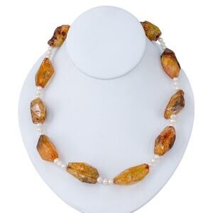 Estate Natural Citrine Nugget Pearl Sterling Silver Clasp Necklace 19.5"